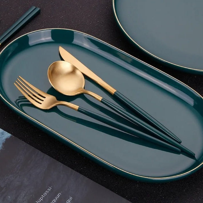 Golden & Green Round Cutlery Set